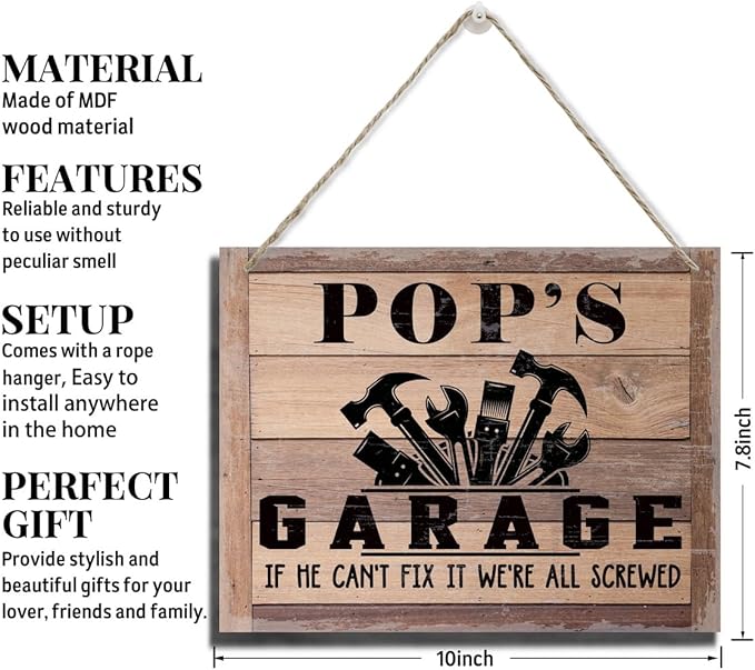 Rustic Sign, Father's Day Gift, Dad's Gift, Grandpa's Gift, Decor Hanging Wood Signs, Printed Wood Wall Art Sign, Pop's Garage, If He Can't Fix It We're All Screwed, Vintage Sign Gift for Grandpa