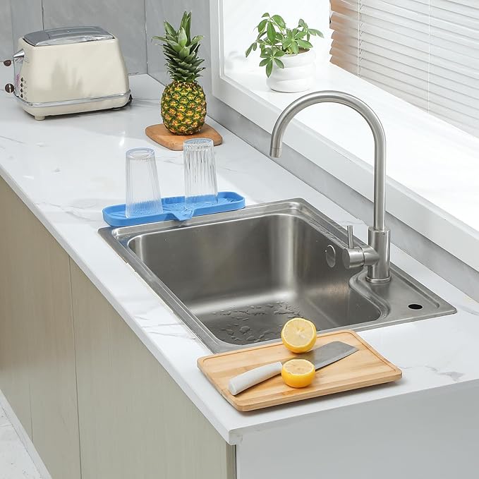 Silicone Bathroom Soap Dishes with Drain Spout-Bathroom and Kitchen Sink Organizer,Sponge Holder,Dish Soap Tray,Perfect for Dispenser,Scrubber,Bottle,Cup on Sink or Counter-Lichen Blue 12"×4"