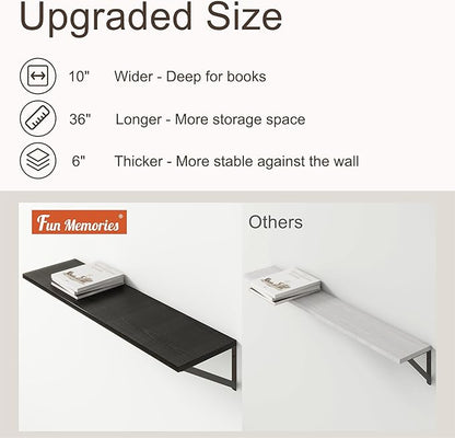 36"W x 10"D Floating Shelves, 10 Inch Deep Black Floating Shelves, Farmhouse Rustic Deep Wall Shelves for Home Decor, Wide Large Floating Shelf for Bathroom, Living Room, Kitchen, Study Room