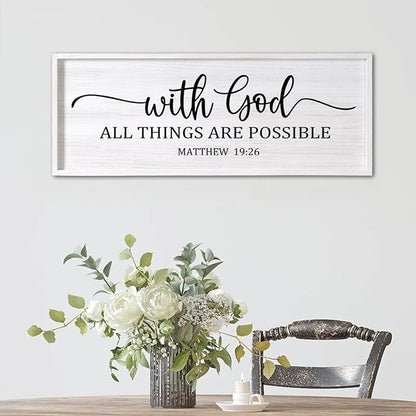 With God All Things are Possible Framed Wall Art, 40''×15'' White Holy Religious Rustic Bible Verse for Christian God Jesus Christ Prayer, Positive Horizontal Inspirational Catholic Scripture Decor