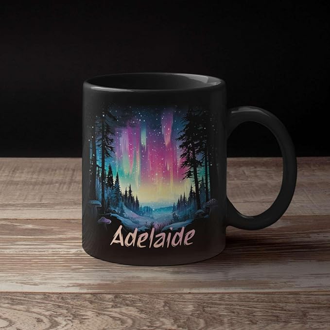 Personalized Winter Landscape Coffee Mug, Custom Northern Lights Ceramic Cup, Enchanted Forest With Vibrant Sky Mug, Custom Choose Name Black Mug 11oz 15oz, Gift For Nature Lovers