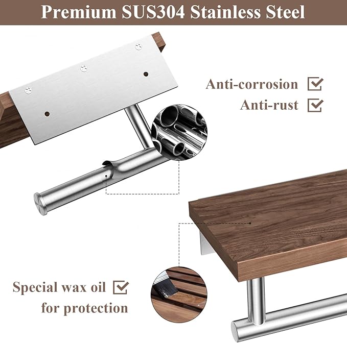 Tindbea Toilet Paper Holder with Wood Shelf, Wooden Wall Mount Tissue Paper Roll Holder, Brushed Nickel Stainless Steel Bathroom Accessories Decor Household Home Apartment Restroom Essentials (Walnut)