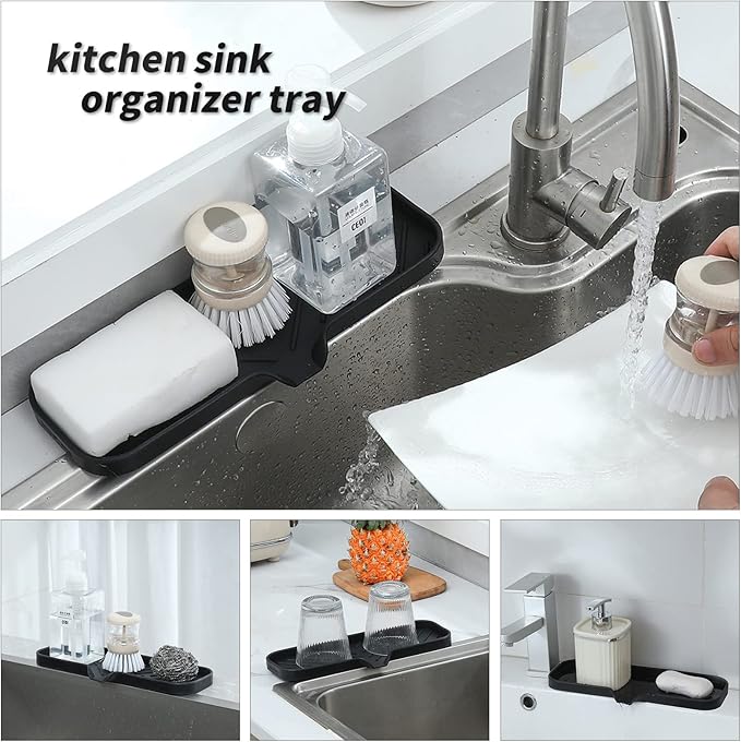 Silicone Bathroom Soap Dishes with Drain Spout-Bathroom and Kitchen Sink Organizer,Sponge Holder,Dish Soap Tray,Perfect for Dispenser,Scrubber,Bottle,Cup on Sink or Counter-Black 12"×4"