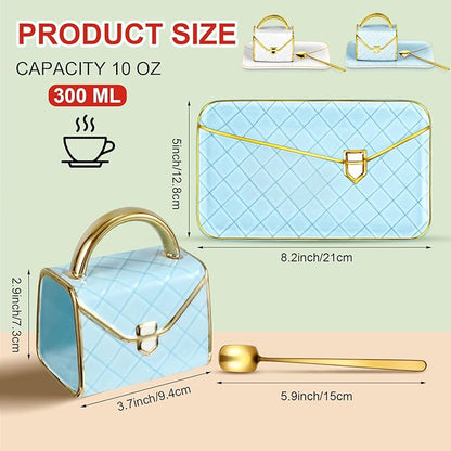 Zubebe 2 Sets Coffee Mug Elegant Handbag Shaped Cup Modern Ceramic Purse Mug with Spoon and Saucer, 10oz Cute Creative Tea Cup for Office Home Woman Girls Gift (White,Blue)