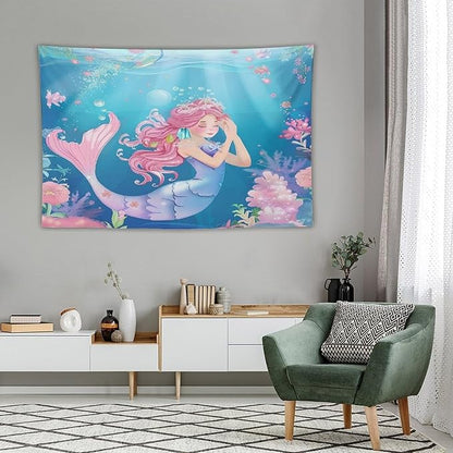 HZOHNAGO Mermaid Girls Tapestry Watercolor Flowers Mermaid Princess Blessing Pattern for Kids Room Decoration Printed Wall Tapestry Wall Hanging for Bedroom Living Room Dorm 90" W x 60" H