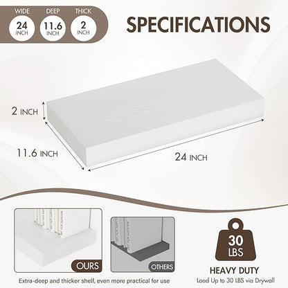 24 Inch Floating Shelves, 12" Deep Floating Shelf Wall Mounted, 24" Wall Shelves, Rustic Deep Bookshelf, Extra Deeper & Thicker Display Shelves for Bedroom, Living Room, White, Set of 2
