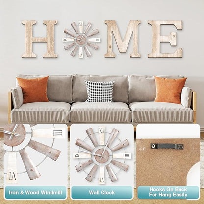 Farmhouse Home Signs with Windmill Clock Wall Decor Rustic Home Letters Wall Art for Living Room Kitchen Entryway Dining Room Bedroom (water-white)