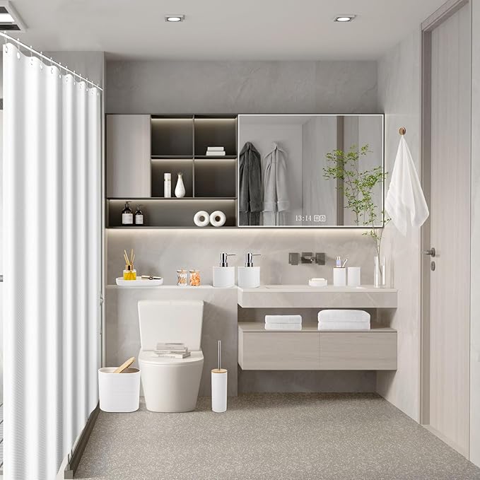 White Bathroom Set, White Bathroom Accessories Set with Shower Curtain, Bath Towel Set, Trash Can, 2PCS Soap Dispensers, Soap Dish, Toothbrush Holder and Cup,Toilet Brush for Bathroom Decor