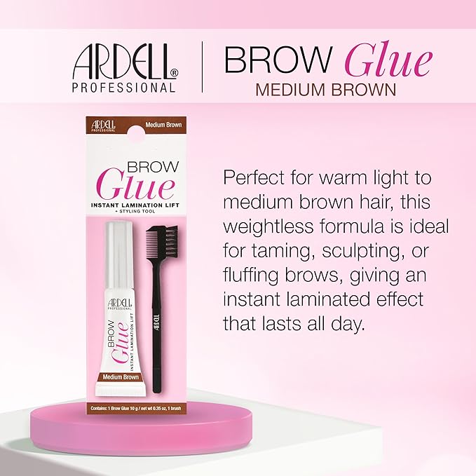 Ardell Brow Glue Medium Brown with Styling Brush ?€? Tinted Eyebrow Gel for Lamination Lift, All-Day Extreme Hold Brow Gel for Defined Brows, 0.35 oz