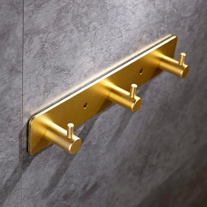 3 Gold Wall Hooks, Brushed Gold Bathroom Hook Rail, Self Adhesive Key Hook Rack Hanger Towel Robe Stick Hooks for Toilet Entryway Hallway Kitchen Wall Mounted