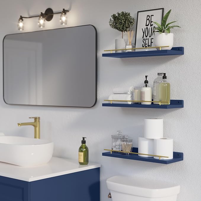 WOPITUES Floating Shelves with Gold Metal Guardrail, Shelves for Wall Decor Set of 3, Wall Shelves for Bedroom, Bathroom, Kitchen, Living Room, Plants, Picture Frames, Art- Gold in Navy Blue