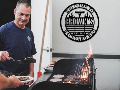 Personalized BBQ Grill Name Sign Custom Grill Sign Outdoor Kitchen Decor Grill Gifts for Dad Backyard BBQ Metal Sign BBQ Grill Sign Barbecue Outdoor Man Cave Decor