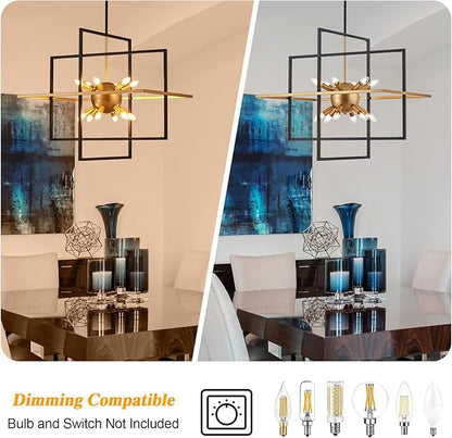 31.5'' Large Modern Lantern Chandeliers, 12-Light Black Gold Geometric Pendant Light Fixture, Industrial Hanging Chandelier for Entryway Foyer Hallway Dining Room, Kitchen Island