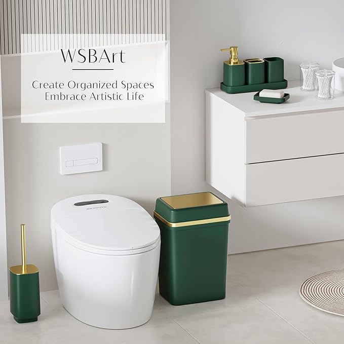 9PCS Bathroom Accessory Set, Dark Green Bathroom Set with Large-Capacity 4 Gallon Trash Can, Bathroom Accessories Set Complete, Toothbrush Holder, Soap Dispenser, Toilet Brush, Bathroom Decor