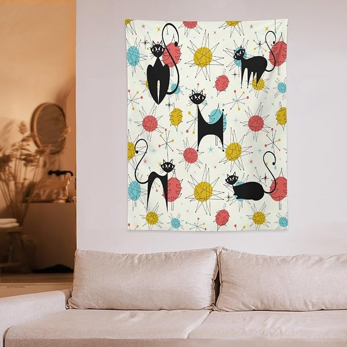 ICMOLYYENLO Abstract Cat Tapestry, Medieval Abstract Atomic Star Cat Vintage Home Wall Hanging Art Tapestry for Bedroom Living Room Dormitory 60x60 Inch