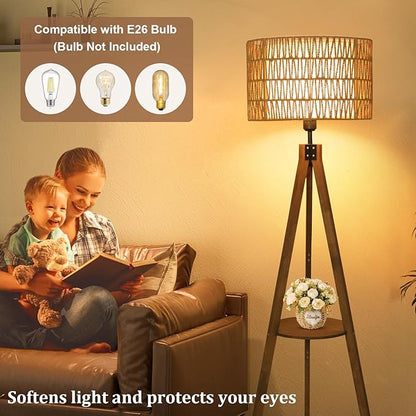 Boho Tripod Floor Lamps for Living Room, Rattan Wood Floor Lamp with Fabric Shades, Mid Century Standing Lamp with Shelf, Foot Switch, Modern Farmhouse Tall Lamps for Bedroom Office Brown