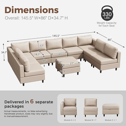 ABCASA Oversized 145.5" Faux Leather Modular Sectional Sofa, Modern Large 10 Seater U Shaped Couch with Storage Seat with Reversible Chaise Deep Seat for Living Room DIY Combination - Whitesand