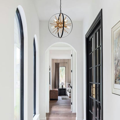 17.72'' Black Gold 8-Light Globe Sputnik Chandelier Modern Industrial Adjustable Hanging Ceiling Firework Pendant Light Fixture for Entryway Stairway Kitchen Dining Living Room Hallway