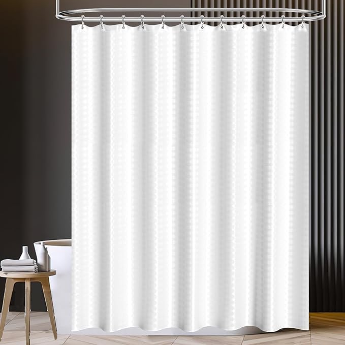 White Bathroom Sets Accessories with Waffle Shower Curtain,Bathroom Sets with Trash Can,Toothbrush Holder,Toothbrush Cup,Soap Dispense,Tray,Soap Dish,Toilet Brush,Qtip Holder