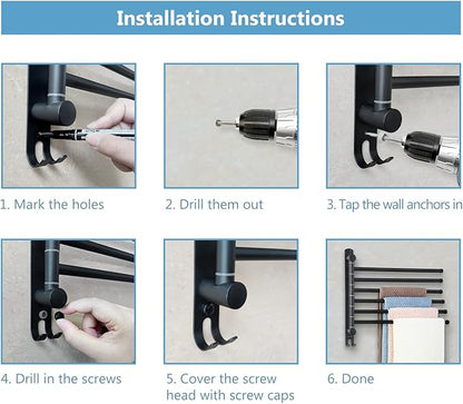 Space Saving Towel Rack JSVER Black Space Saving Towel Holder, Towel Rack Wall Mounted, Swivel Hand Towel Holder, 6-Arms Towel Bar, Towel Racks for Bathroom