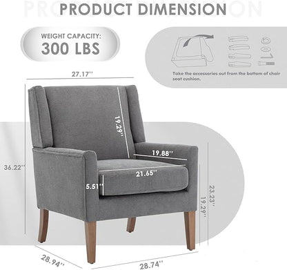 COLAMY Modern Wingback Living Room Chair, Upholstered Fabric Accent Armchair, Single Sofa Chair with Lounge Seat and Wood Legs for Bedroom/Office/Reading Spaces, Gery