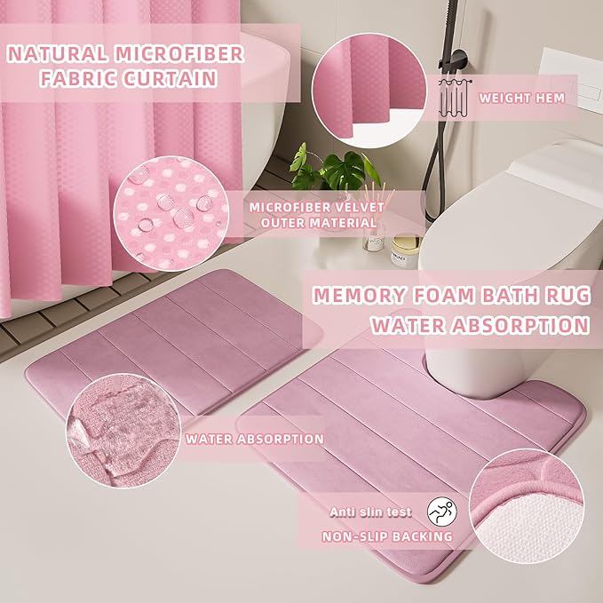 Bathroom Accessories Set - 25PC Pink Bathroom Set, Bathroom Set with Shower Curtain and Rugs, Pink Shower Curtain Set, Toilet Brush, Bathroom Trash Can