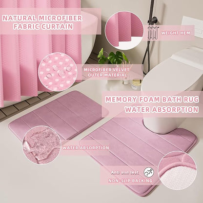 Bathroom Accessories Set - 25PC Pink Bathroom Set, Bathroom Set with Shower Curtain and Rugs, Pink Shower Curtain Set, Toilet Brush, Bathroom Trash Can