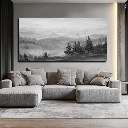 SOUGUAN Grey Wall Decor Foggy Mountain Wall Art Tree and Bird Pictures Artwork for Walls Living Room for Bedroom Kitchen Dining Room Home Office 30x60 Inch