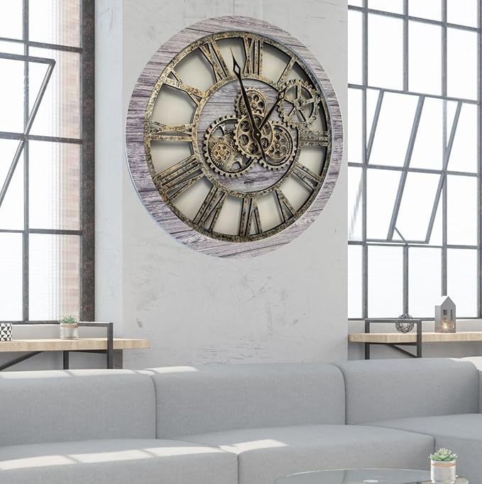 The Gears Clock The Original Real Moving Gear Wall Clock Vintage Industrial Oversized Rustic Farmhouse (24 inch (60cm),Silver Grey)