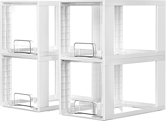 Vtopmart 4 Pack Large Stackable Storage Drawers,White,Easily Assemble Acrylic Bathroom Closet Undersink Organizers and Storage,Plastic Bins for Kitchen Cabinets,Pantry,Makeup,Medicine Organization