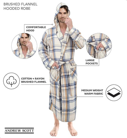 Andrew Scott Mens' Robe with Hoodie| Cotton Flannel Brush Plaid | All Season | Full Length House Robe