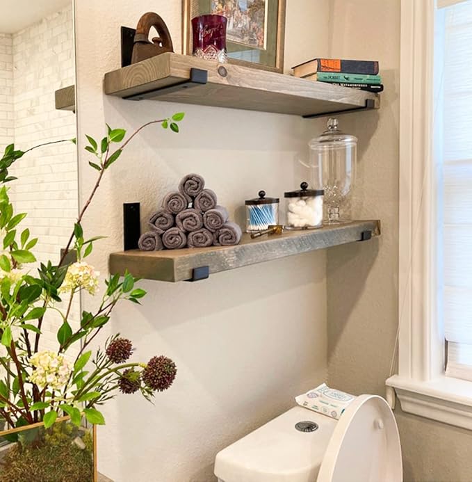 Rustic Shelves with J-Brackets Set of 2, Industrial Shelf, Kitchen Shelves, Solid Wood, Decorative Wall Storage, Heavy Duty, URBANDI (Grey, 24Wx12D)