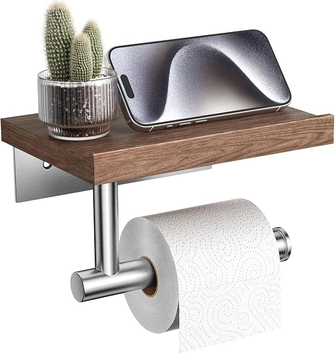 Tindbea Toilet Paper Holder with Wood Shelf, Wooden Wall Mount Tissue Paper Roll Holder, Brushed Nickel Stainless Steel Bathroom Accessories Decor Household Home Apartment Restroom Essentials (Walnut)