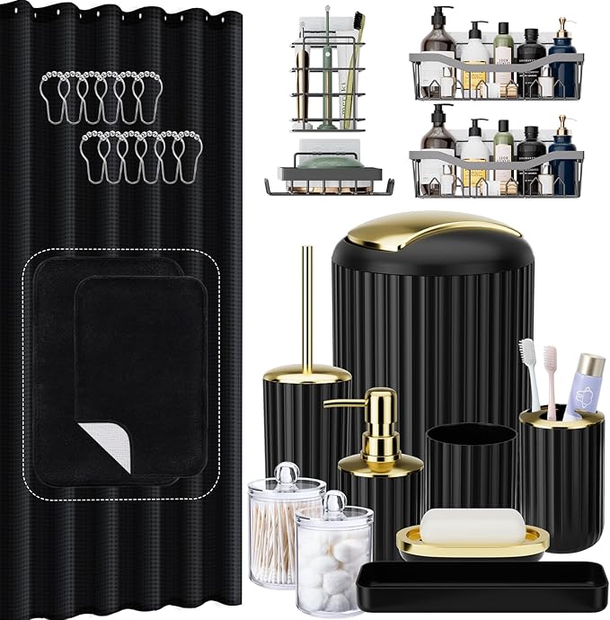 Black Bathroom Accessories Set with Shower Caddy-28PCS Black Bathroom Set with Shower Curtain, Rugs, Shower Curtain, Trash Can, Toilet Brush, Soap Dispenser and Toothbrush Set