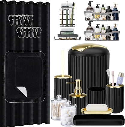 Black Bathroom Accessories Set with Shower Caddy-28PCS Black Bathroom Set with Shower Curtain, Rugs, Shower Curtain, Trash Can, Toilet Brush, Soap Dispenser and Toothbrush Set