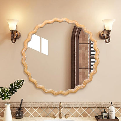 Wavy Mirror 27.5x27.5 Inch, Decorative Bathroom Mirror with Natural Wood Frame, Entry Way Mirrors for Wall, Shatterproof Glass, Mirrors for Wall Decor