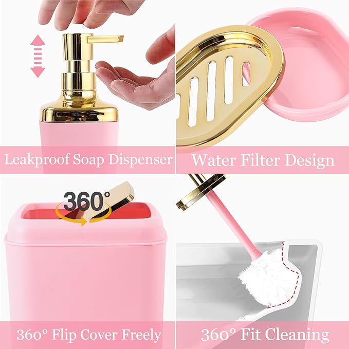 Pink Bathroom Accessories Set, Pink and Gold Bathroom Accessories with Trash Can, Soap Dispenser, Soap Dish, Toothbrush Holder and Q-tip Holders