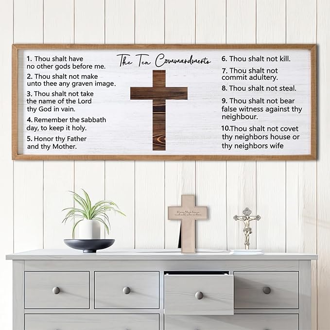 Ten Commandments Rustic Bible Verse Framed Wall Art 40" x 15" Natural Religious Christian Slogan Representing God Jesus Christ Prayer Vintage Holy Inspirational Catholic Scripture Decor