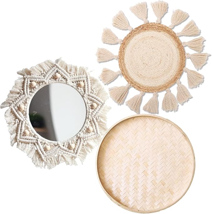 Boho Wall Basket Decor Set - Flat Woven Macrame Tapestry, Mirror White Round Tassels, Handmade Rattan Wicker Seagrass Wall Basket