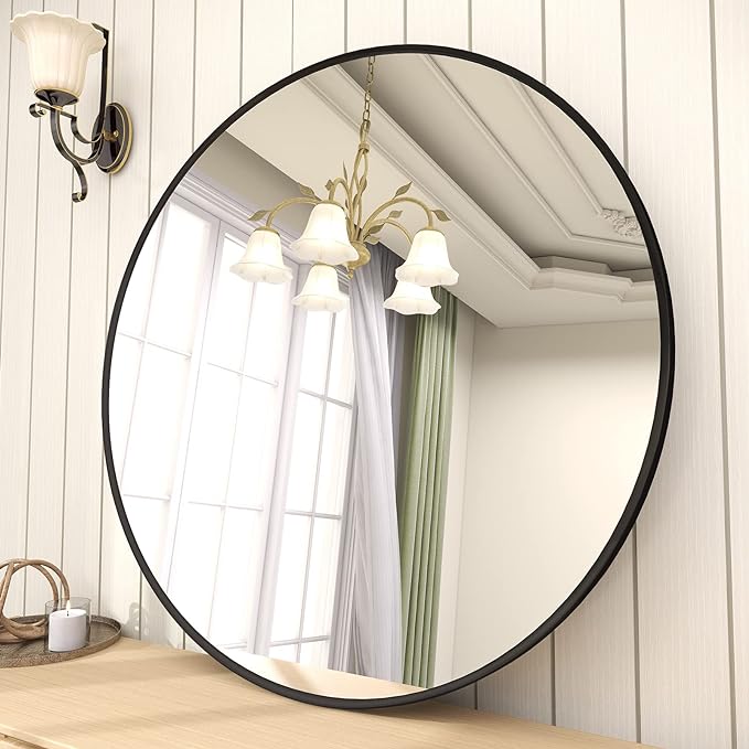 BEAUTYPEAK 18 Inch Round Mirror, Metal Frame Circle Mirror, Wall Mounted for Entryway, Bathroom, Vanity, Living Room, Black