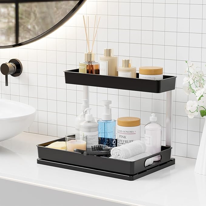 Yieach 2 Pack Under Kitchen Cabinet Storage,14.5 Inch Deep Black Under Sink Storage Rack for Apartments and Small Space,Two Tier Undersink Pull Out Organizer Drawers & Bathroom Cabinet Organization