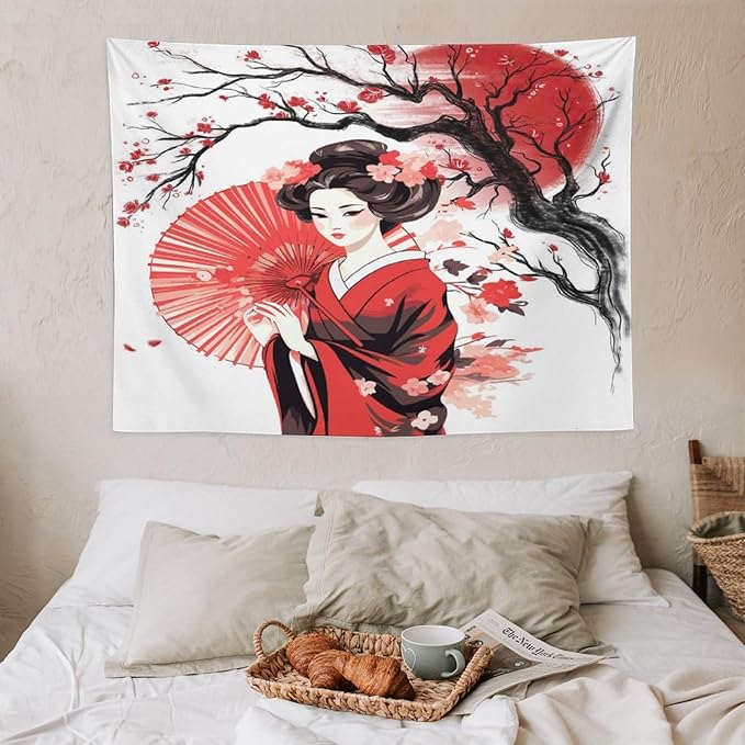 Japanese Red Geisha Tapestry Asian Cherry Blossom Traditional Kimono Folk Tapestries Home Decor for Living Room Bedroom Apartment Farmhouse Dorm 40"x30"