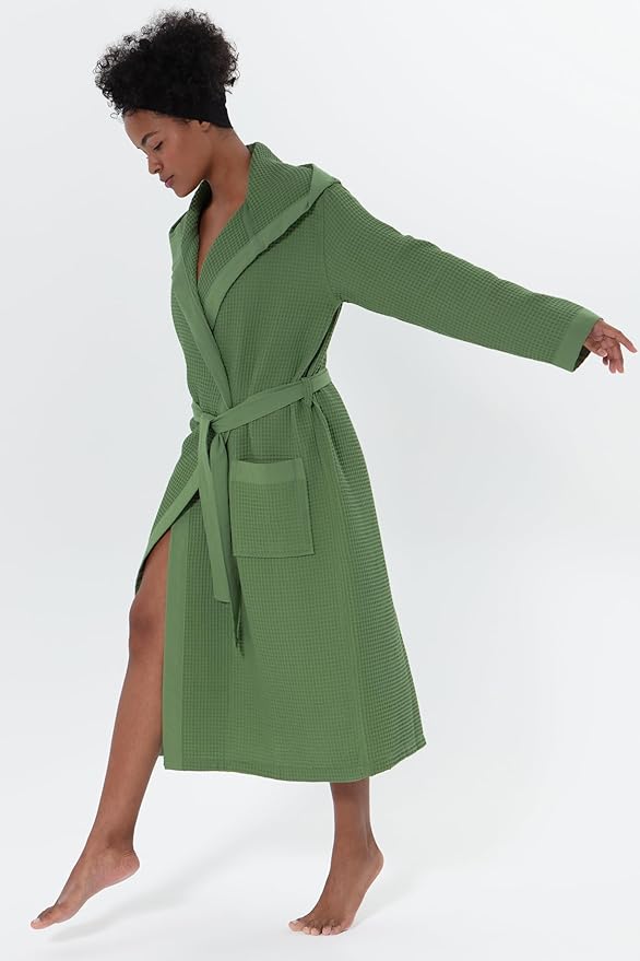 Women’s Luxury Waffle Shawl Collar, Hooded Robe w Piping – Lightweight, Long, Ultra Soft Spa Sleepwear Bathrobe