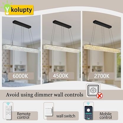 W48 Black Chandeliers for Dining Room, Modern Crystal Pendant Lights Fixture Farmhouse Hanging Dining Light Fixtures for Kitchen Island, Living Room, Bedroom