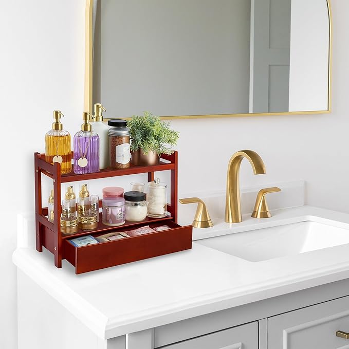 Sorbus Bamboo Bathroom Counter Organizer – 2-Tier Shelf with Hidden Drawer for Vanity, Matcha Station, Bathroom Sink Organizer Countertop, Kitchen & Office Storage (17″ L x 6.5″ W x 12.6″ H) (Brown)