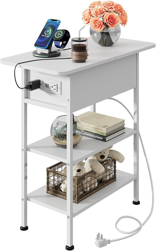 WLIVE End Table with Charging Station, Flip Top Side Table with Storage Shelf, Sofa Couch Table with USB Ports and Outlets, Narrow Bedside Table for Living Room, Bedroom Nightstand, White