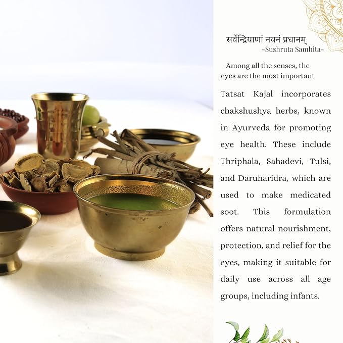 Tatsat Ayurvedic Herbal Kajal | Natural, Lead-Free & Chemical-Free Eye Care | Soothing Formula for Everyday Use | Safe for All Skin Types | Made with Triphala, Chakshushya Herbs, Castor Oil etc
