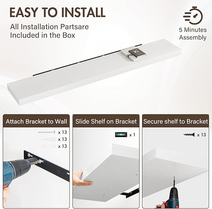 72 Inch Floating Shelves, 12" Deep Floating Shelf Wall Mounted, 72" Wall Shelves, Rustic Deep Bookshelf, Extra Deeper & Thicker Display Shelves for Bedroom, Living Room, White, Set of 1