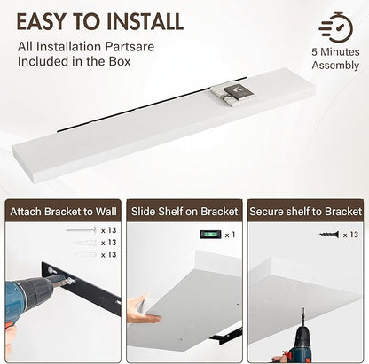 72 Inch Floating Shelves, 12" Deep Floating Shelf Wall Mounted, 72" Wall Shelves, Rustic Deep Bookshelf, Extra Deeper & Thicker Display Shelves for Bedroom, Living Room, White, Set of 1