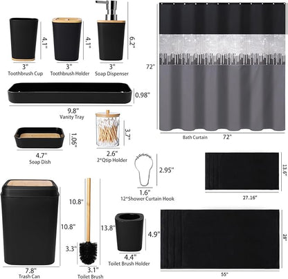 Black Bathroom Accessories with Glitter Shower Curtain,Towel Set 24 PCS Bathroom Set with Shower Curtain Set Bathroom Set Black Shower Curtain with Bathroom Trash Can